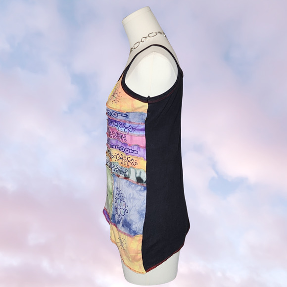 Colorful Tye Dye Patchwork Boho Festival Hippie Cotton Asymmetrical Tank Top - Picture 5 of 7